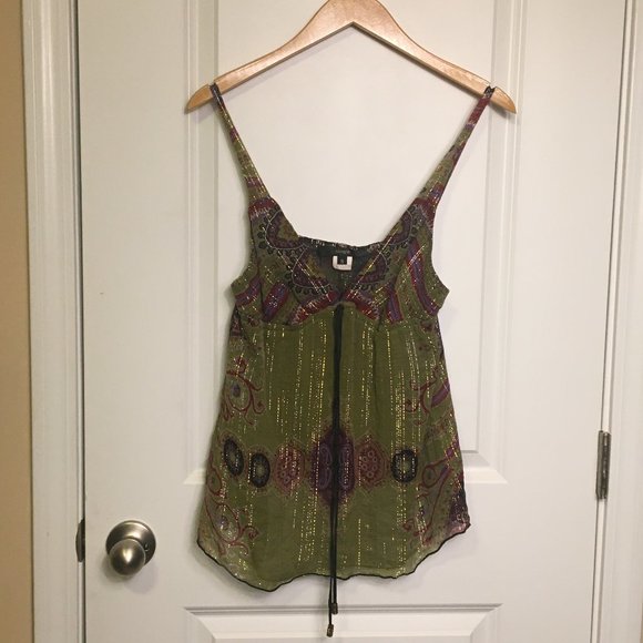 Single Tops - Single Silk Green Pattern Tank w/Gold Thread XS